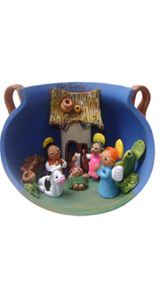 Andean nativity scene inside a ceramic pot